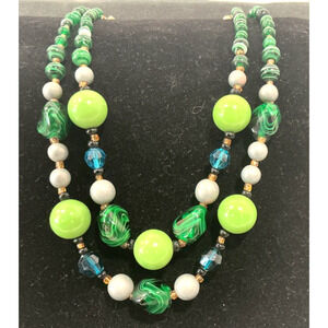 VTG Necklace Chunky Acrylic Beads Double Strand Marbled GREEN Gold Tone 18"